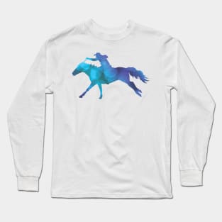 Blue Abstract Cowgirl Riding a Galloping Horse Long Sleeve T-Shirt